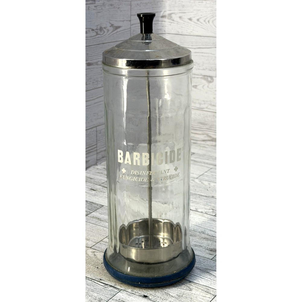 Vintage Barbicide Jar Glass Barber's Shop Decor Comb Storage Disinfectant King
